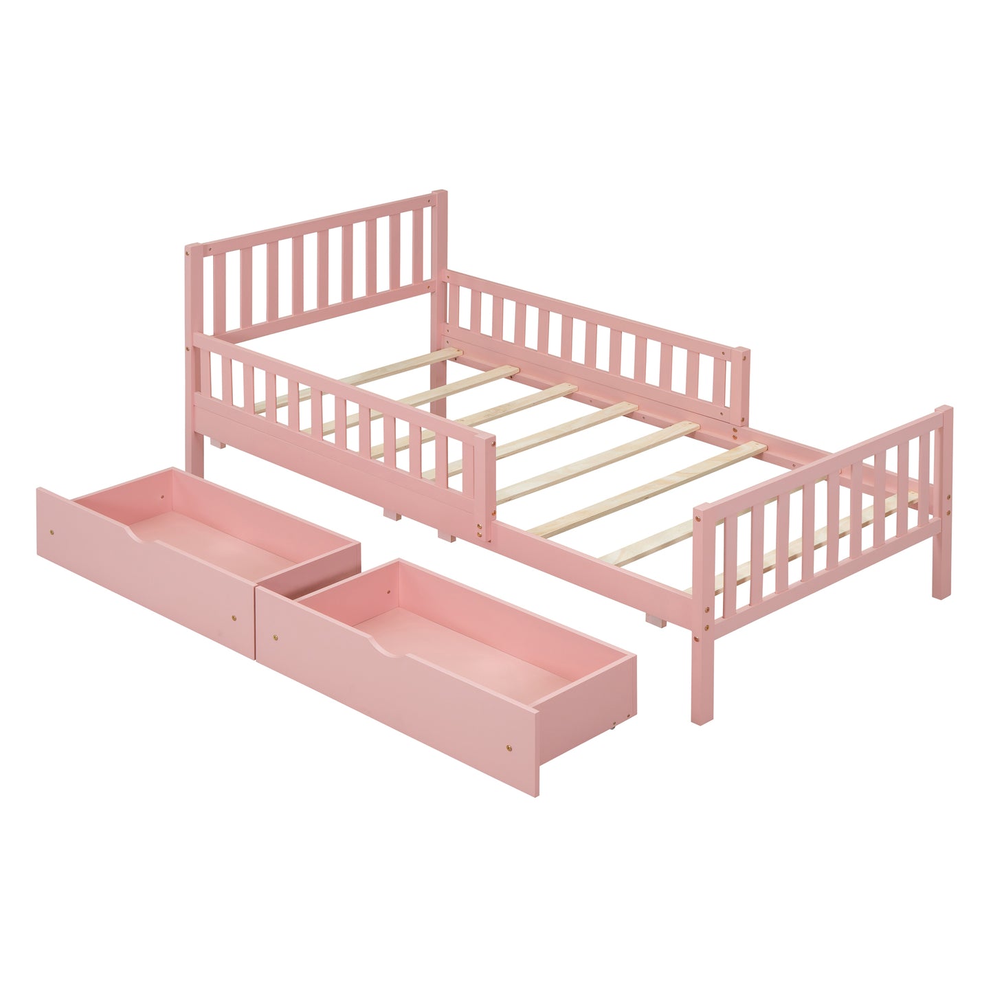 Twin Size Pink Wooden Platform Bed with Safety Guardrails and Dual Storage Drawers