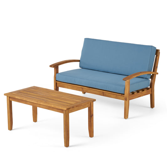 Outdoor Patio Chat Set With Coffee Table And Loveseat, Acacia Wood Construction, 51-Inch Length, 32.5-Inch Width Teak