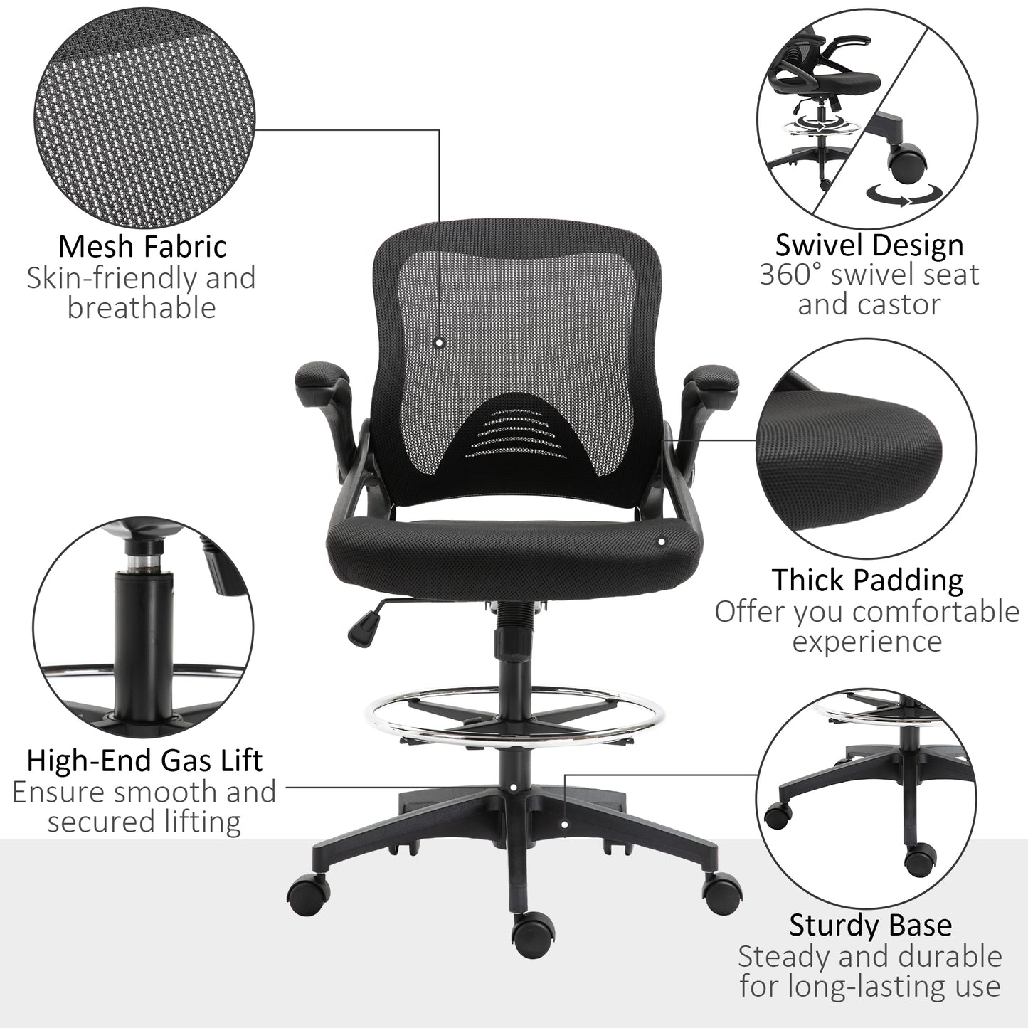Adjustable Tall Mesh Drafting Chair with Lumbar Support, Flip-Up Armrests, and Footrest Ring in Black