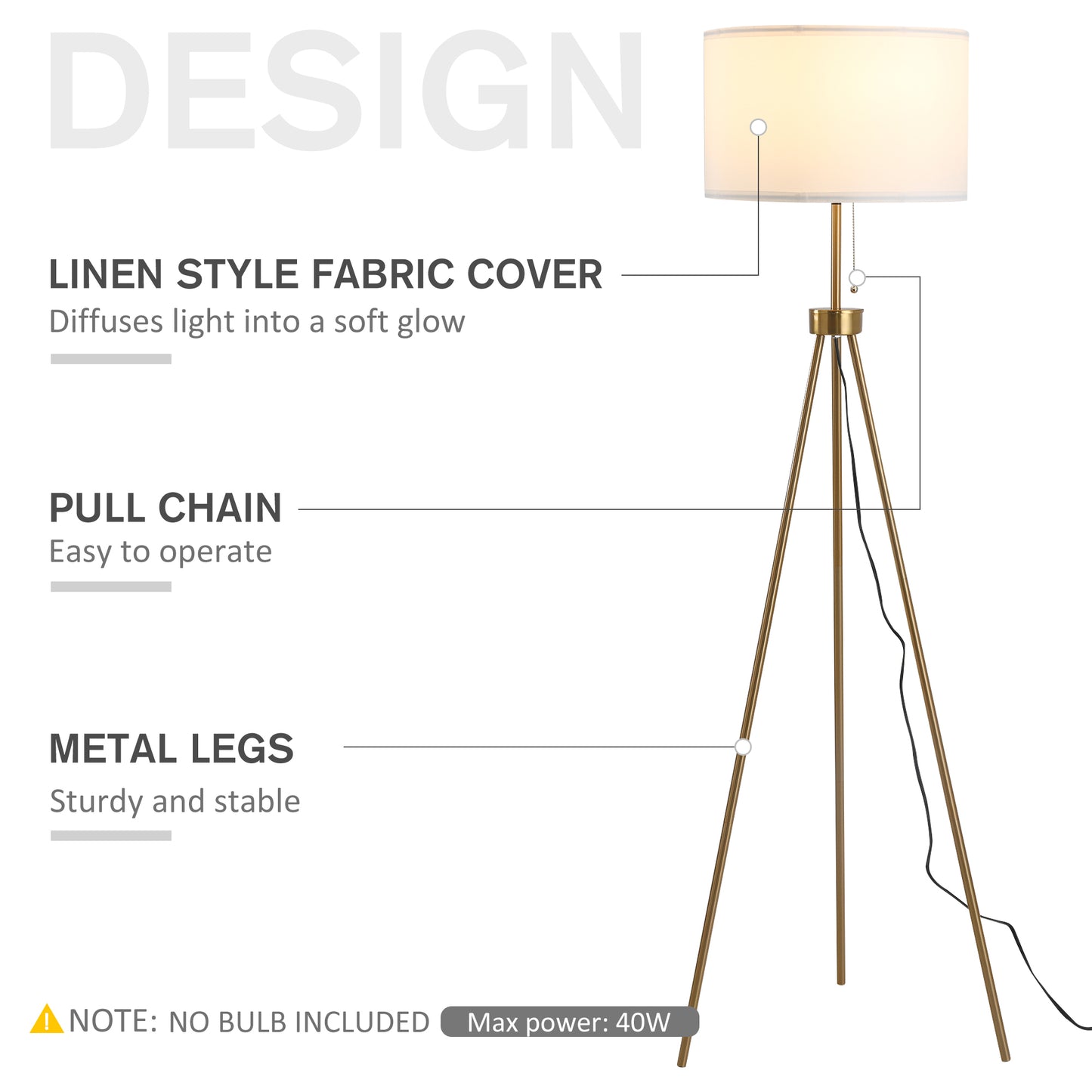 59.75-Inch Standing Floor Lamp with Fabric Shade, Steel Tripod, E26 Socket, 14.5-Inch Shade, 120V Gold