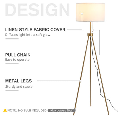 59.75-Inch Standing Floor Lamp with Fabric Shade, Steel Tripod, E26 Socket, 14.5-Inch Shade, 120V Gold