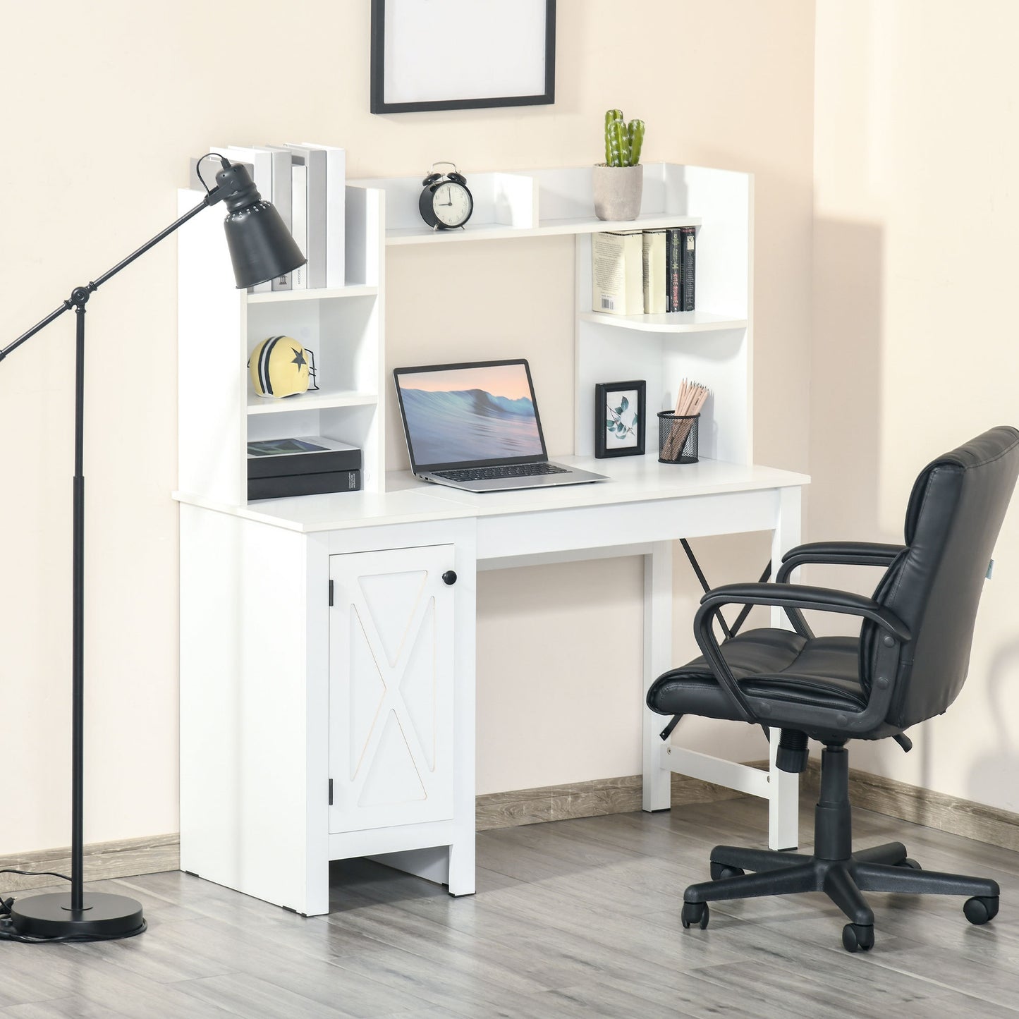 HOMCOM Rustic Style Home Office Desk with Hutch and Storage Cabinet, White Computer Table for Study and Organization