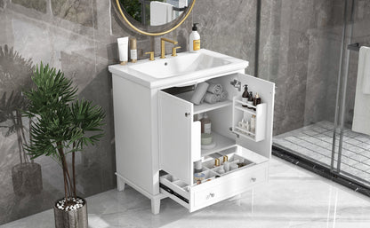 30" Modern Bathroom Vanity with Ceramic Sink, Multi-Storage Cabinet with Adjustable Shelves, Durable Solid Wood & MDF Construction, White Finish