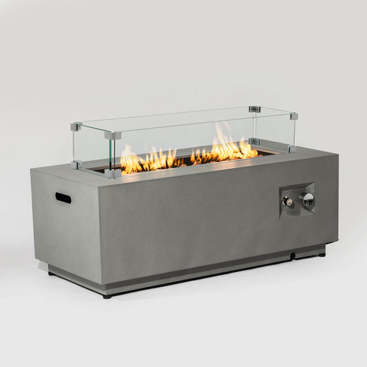 42-Inch Propane Gas Fire Pit Table 50000 BTU Rectangular Steel Outdoor Patio Garden Fire Pit With Glass Wind Guard Gray