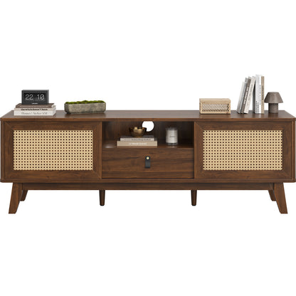 59-Inch Wood TV Stand with Rattan Doors, 2 Cabinets, Detachable Drawer, Cord Hole, TV Console Walnut