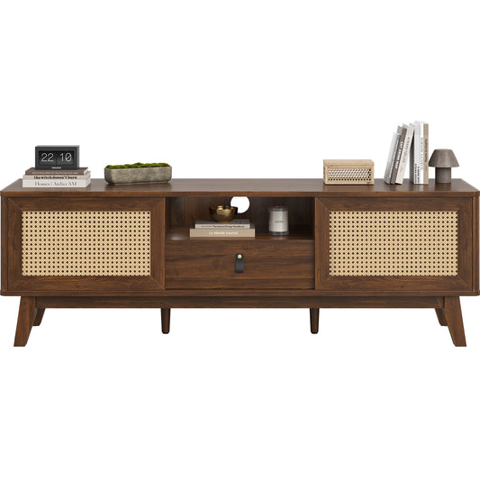 59-Inch Wood TV Stand with Rattan Doors, 2 Cabinets, Detachable Drawer, Cord Hole, TV Console Walnut