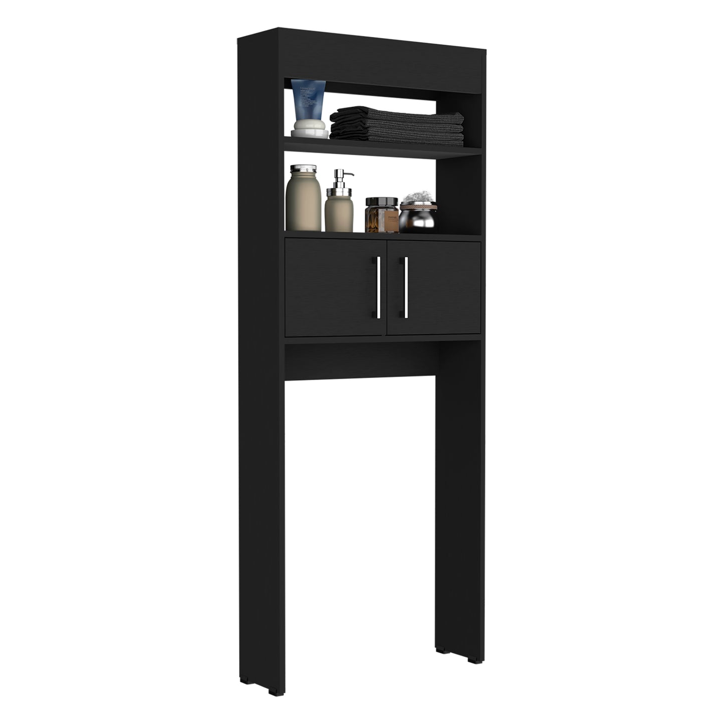 Modern Black Over-The-Toilet Storage Cabinet with Double Doors and Two Shelves, 63" Height