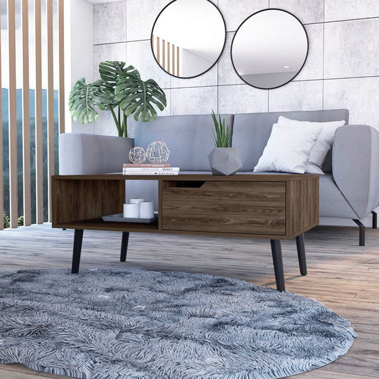 Coffee Table with Open Shelf and Drawer, Engineered Wood MDF, Contemporary Living Room Storage Brown
