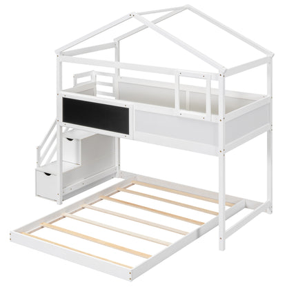 Whimsical Twin over Full House Bunk Bed with Storage Steps and Blackboard, White