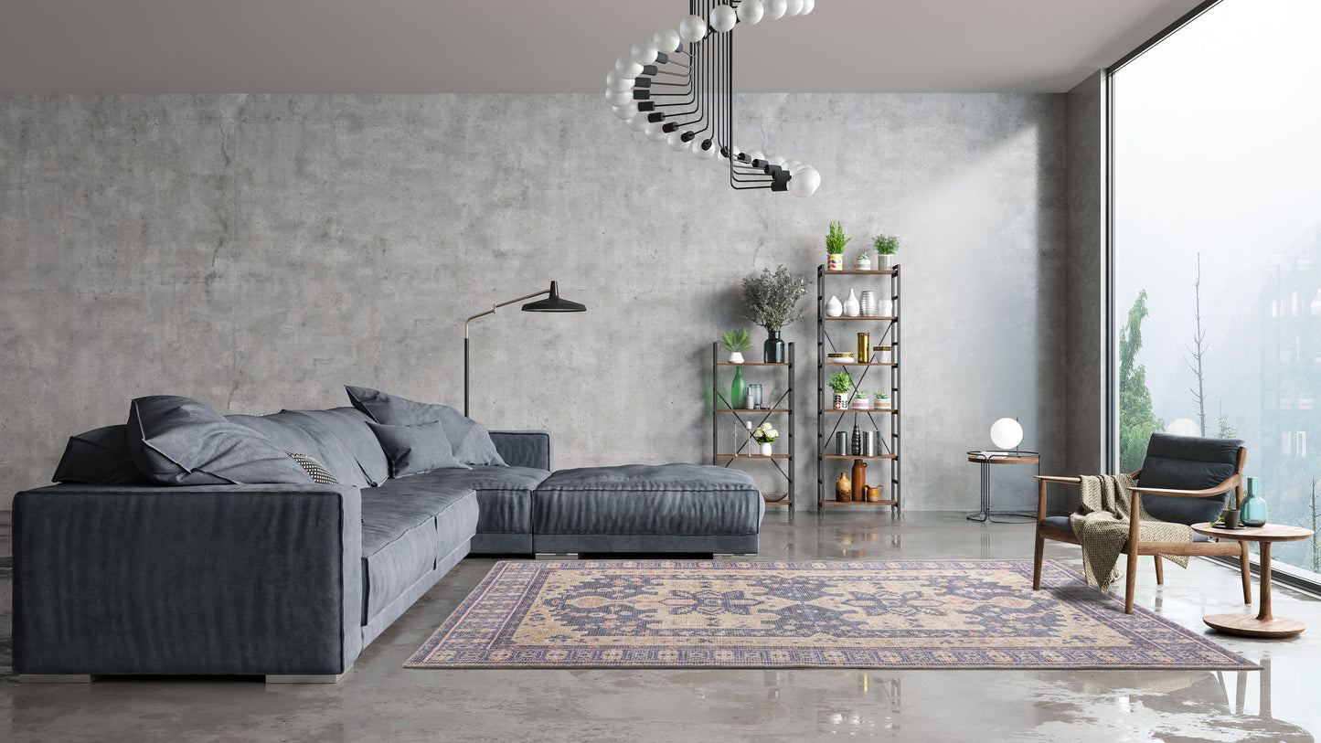 7'6" x 10' Polyester Area Rug, Distressed Pile, Traditional Medallion Border, Loomed, Indoor Purple