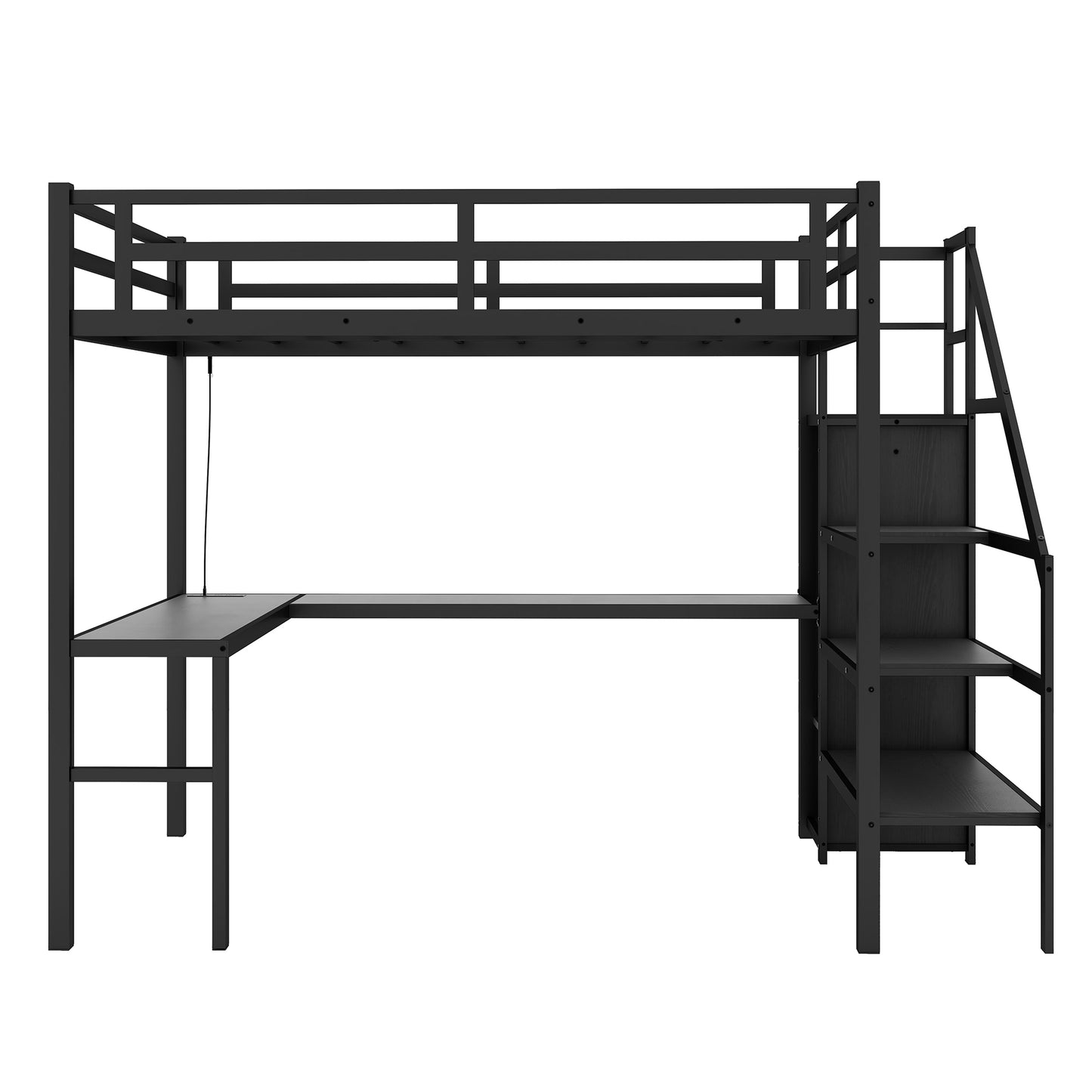 Full XL Metal Loft Bed with L-Shaped Desk, Wardrobe, USB Charging, and LED Lighting for Teens and Adults - Black