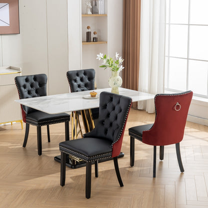 Modern Tufted Solid Wood Dining Chairs, PU & Velvet, Wood Legs, Set of 2, Black + Burgundy