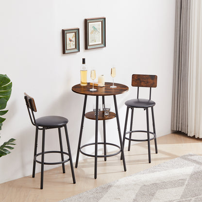 Round Bar Stool Set with Built-In Shelf, Upholstered Seat and Backrest for Kitchen Bar, Rustic Brown