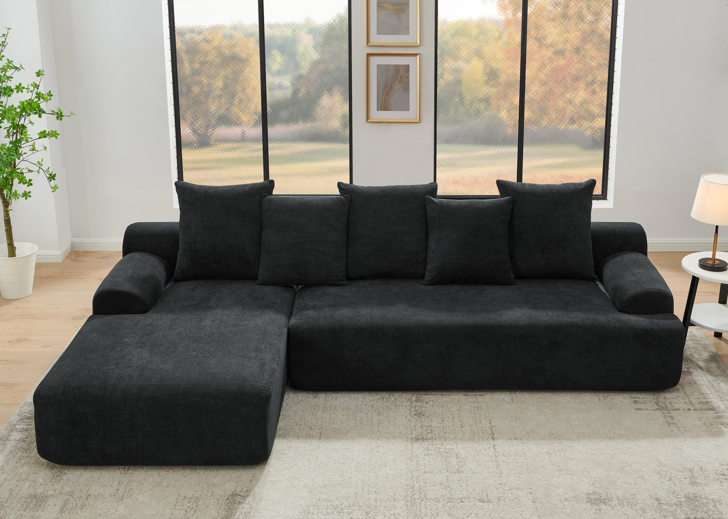 110.25x67 Inch L-Shaped Sectional Sofa, Modular Melange Velvet, Living Room 4-Seat, Modern, Black