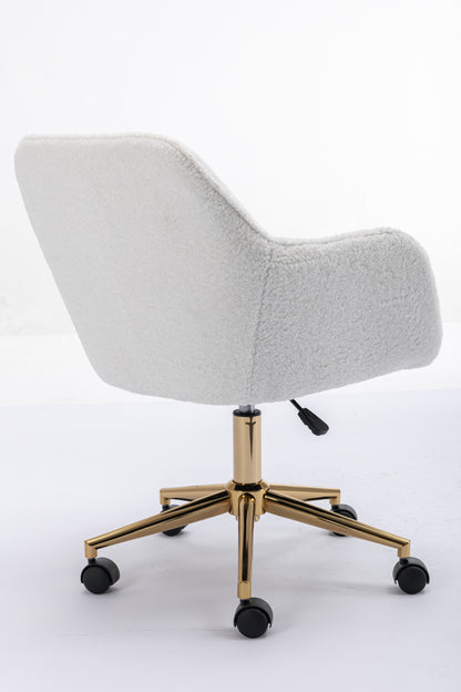 Elegant White Teddy Fabric Home Office Chair with Gold Metal Legs and 360° Swivel Function