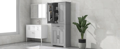 Tall Grey MDF Bathroom Storage Cabinet with Adjustable Shelf and Multiple Storage Solutions