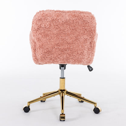 Elegant Pink Upholstered Office Chair with Golden Base - Adjustable Swivel Vanity Chair with Rabbit Fur Cushion