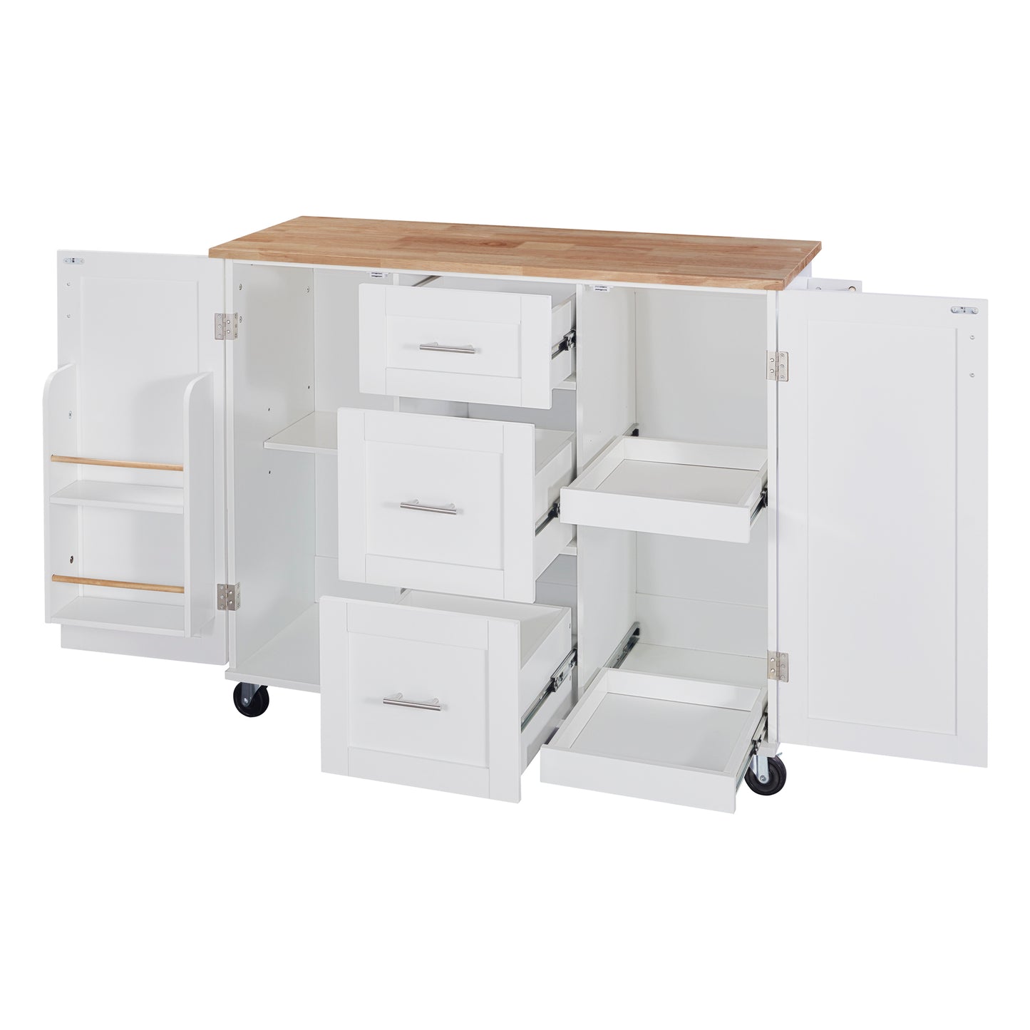 K&K Multi-Function Rolling Kitchen Cart with Storage, Rubber Wood Top, 3 Drawers, 2 Slide-Out Shelves, and Spice Rack, White