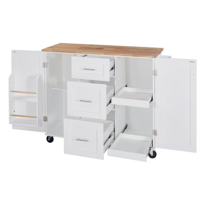 K&K Multi-Function Rolling Kitchen Cart with Storage, Rubber Wood Top, 3 Drawers, 2 Slide-Out Shelves, and Spice Rack, White