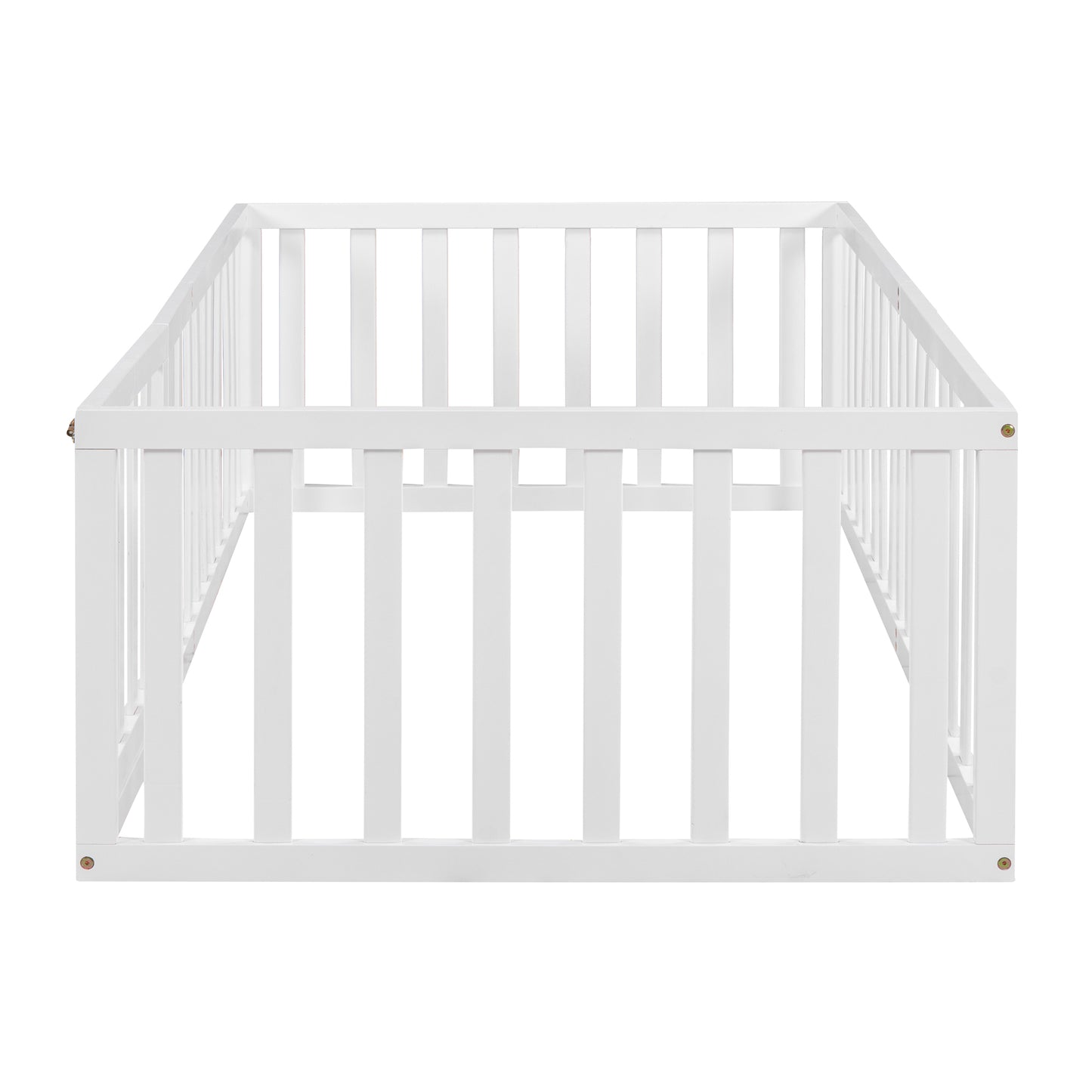 Playful Twin Wooden Floor Bed Frame for Kids with Fence and Door, White