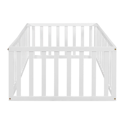 Playful Twin Wooden Floor Bed Frame for Kids with Fence and Door, White
