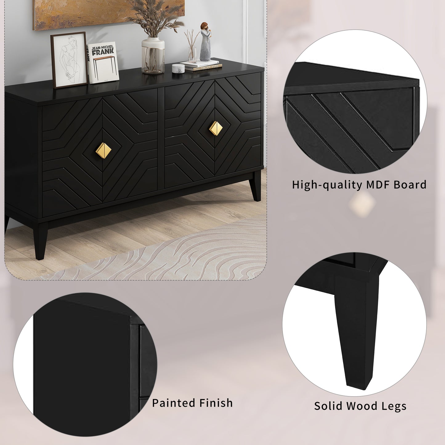 4-Door Sideboard Storage Cabinet for Living Room and Dining Room, Two Large Cabinets with Gold Handles and Adjustable Shelf, Black