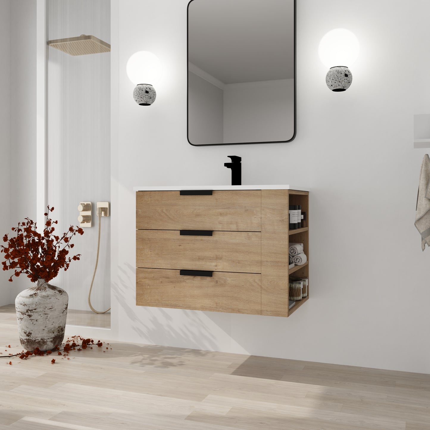 30-Inch Modern Wall-Mounted Bathroom Vanity with Soft Close Drawers and Adjustable Side Shelf