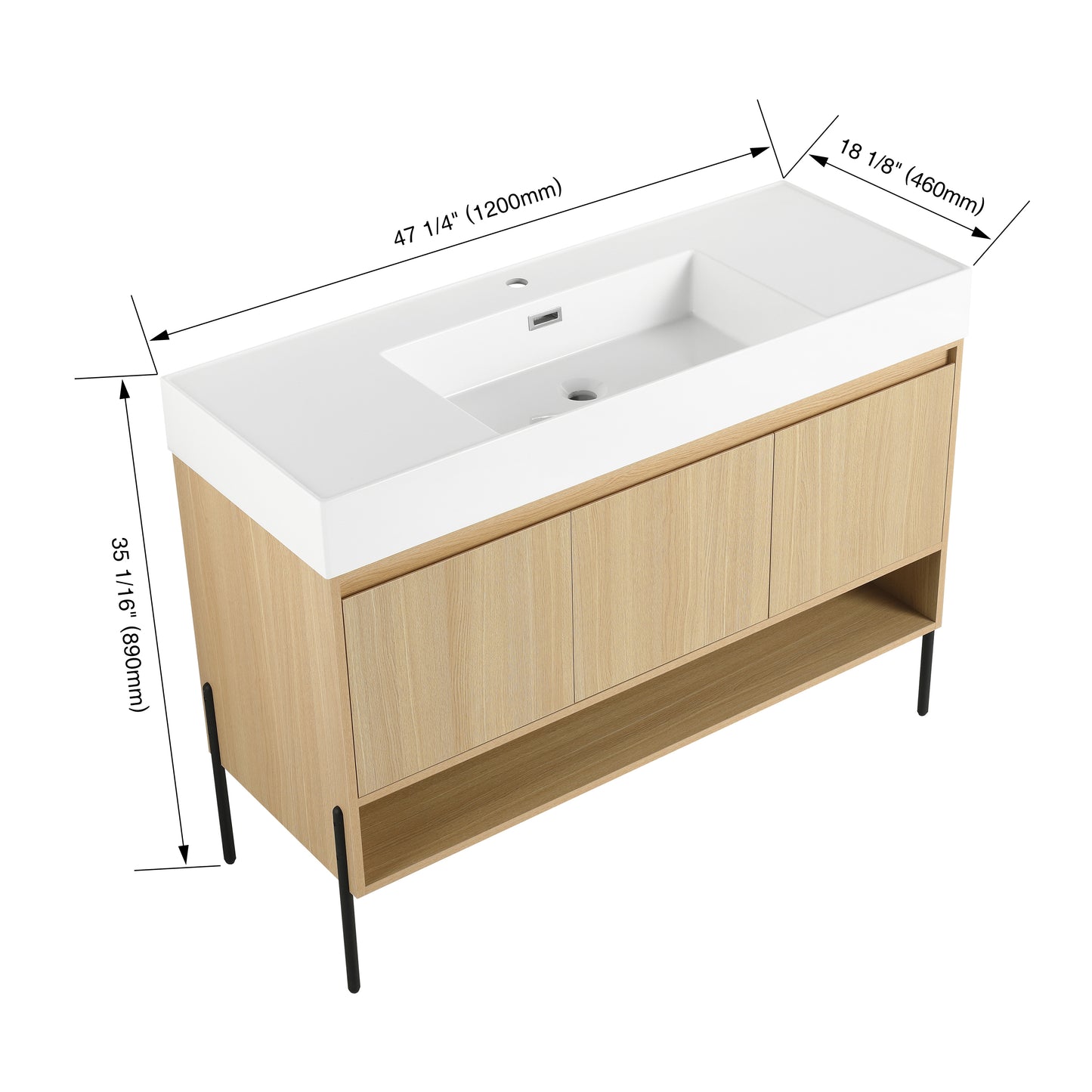 Modern Oak 48" Bathroom Vanity Set with Single Resin Sink and 3-Door Storage Cabinet