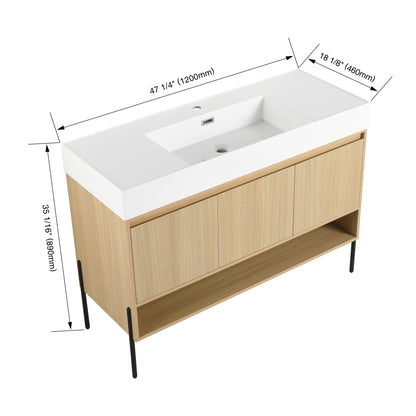 Modern Oak 48" Bathroom Vanity Set with Single Resin Sink and 3-Door Storage Cabinet