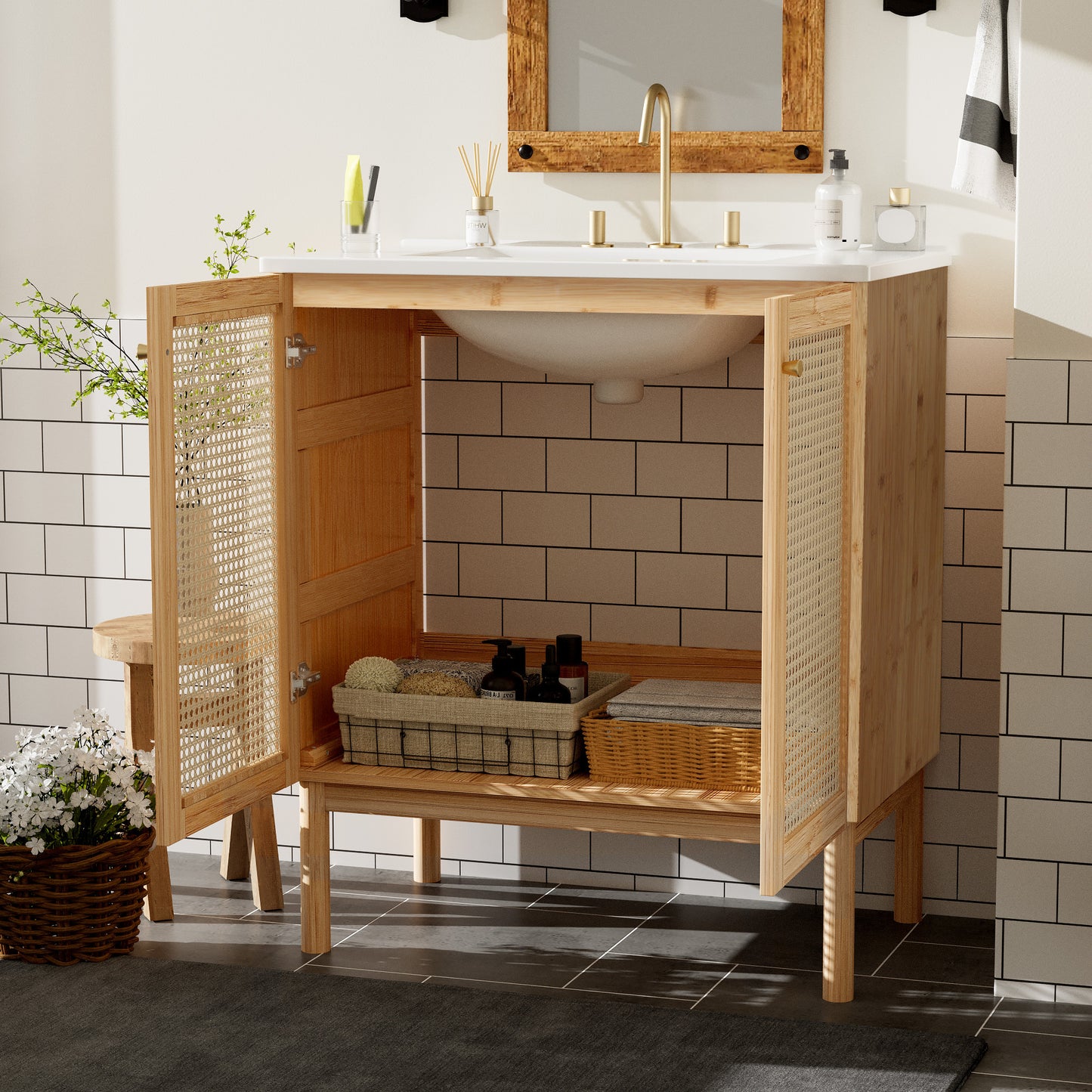 Elegant 30-Inch Natural Bamboo Bathroom Vanity with Artisanal Rattan Doors and Soft-Close Mechanism