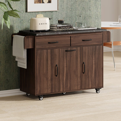 Walnut Brown Rolling Kitchen Island with Drop Leaf, Trash Can Storage, Spice & Towel Racks, and Adjustable Shelves