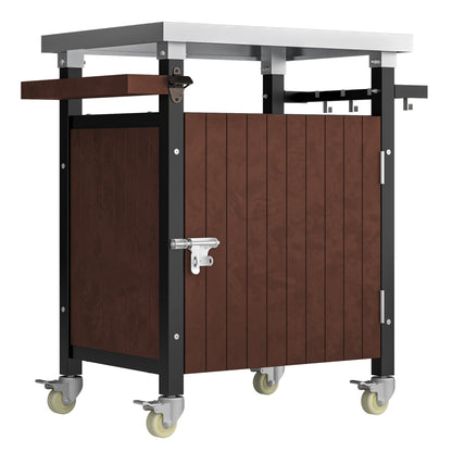 Rolling Outdoor Grill Cart with Stainless Steel Surface, Versatile Patio Kitchen Island, Mobile BBQ Serving Station with Storage, Hooks, and Spice Rack