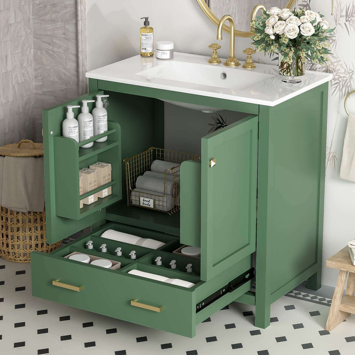 30" Elegant Green Bathroom Storage Vanity with Integrated Undermount Sink and Soft-Close Features