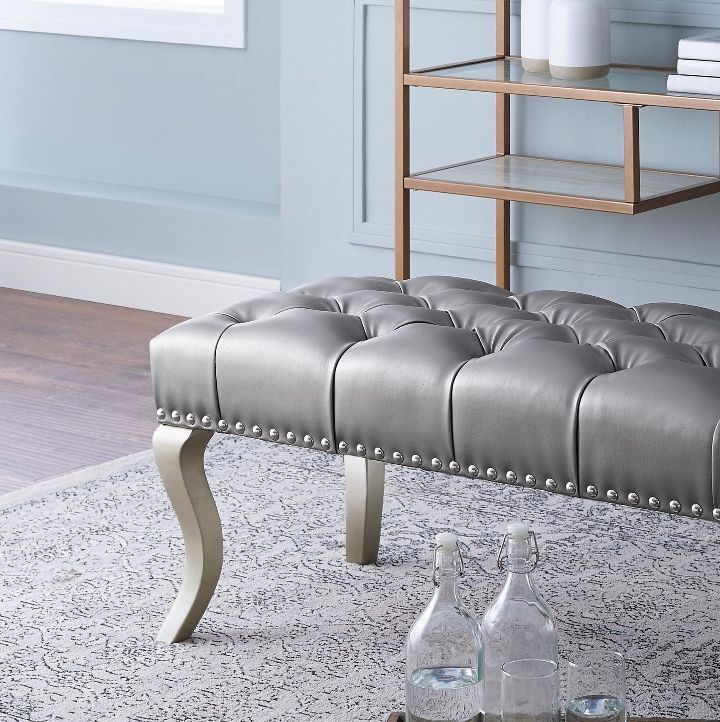 Tufted Fabric Upholstered Bench with Nailhead Trim, Crystal Button Tufting, 48W x 18D x 18H, Champagne