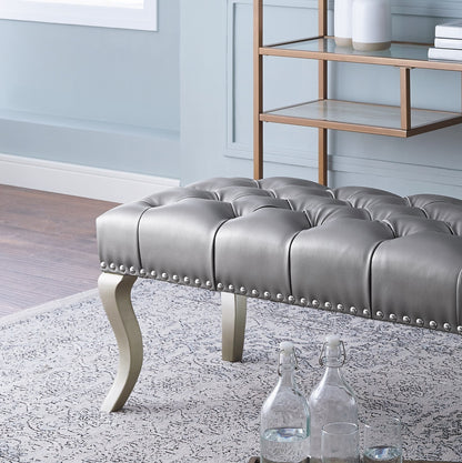 Tufted Fabric Upholstered Bench with Nailhead Trim, Crystal Button Tufting, 48W x 18D x 18H, Champagne