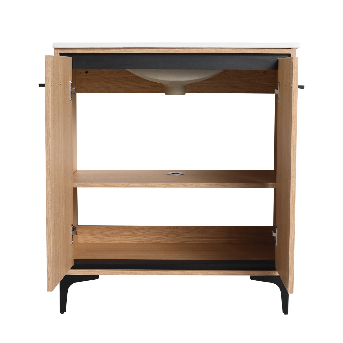 30-Inch Oak Bathroom Vanity Base with Ceramic Basin and Double Door Storage Cabinet