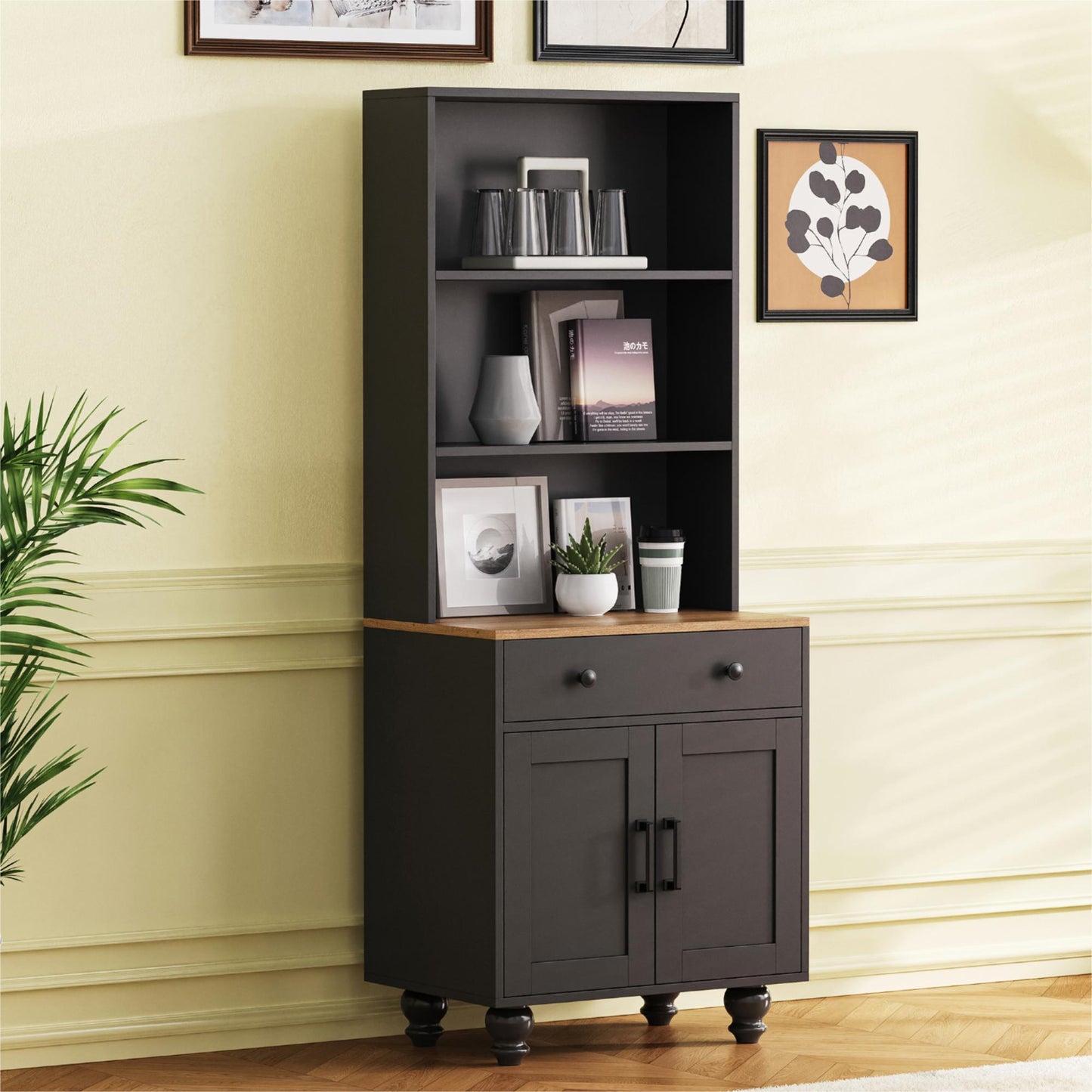 Elegant Black Farmhouse Storage Cabinet with Adjustable Shelves and Gourd-Shaped Legs, Versatile Kitchen Pantry and Bookshelf Solution