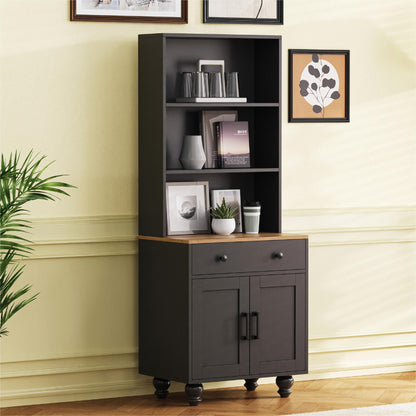 Elegant Black Farmhouse Storage Cabinet with Adjustable Shelves and Gourd-Shaped Legs, Versatile Kitchen Pantry and Bookshelf Solution