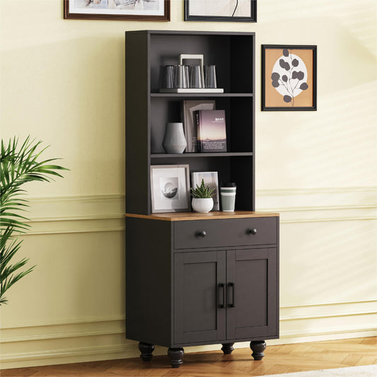 Elegant Black Farmhouse Storage Cabinet with Adjustable Shelves and Gourd-Shaped Legs, Versatile Kitchen Pantry and Bookshelf Solution