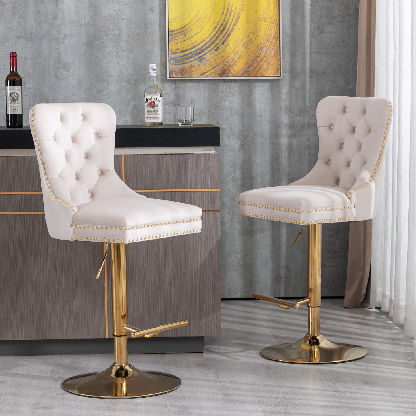 Beige Velvet Swivel Bar Stools Set Of 2 Adjustable