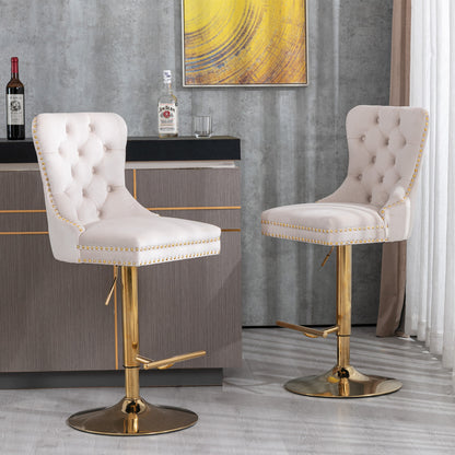 Beige Velvet Swivel Bar Stools Set Of 2 Adjustable