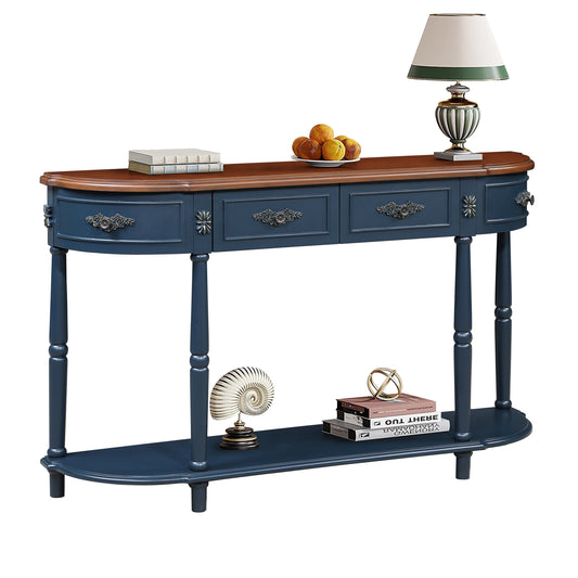 52-Inch Solid Wood Console Table with Curved Half-Moon, Open Shelf, 2 Drawers, Navy Blue & Brown Top