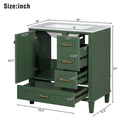 30" Stylish Green Bathroom Vanity with Soft-Close Doors and Sink Combo, Modern Cabinet Featuring 3 Spacious Drawers and Solid Wood Frame