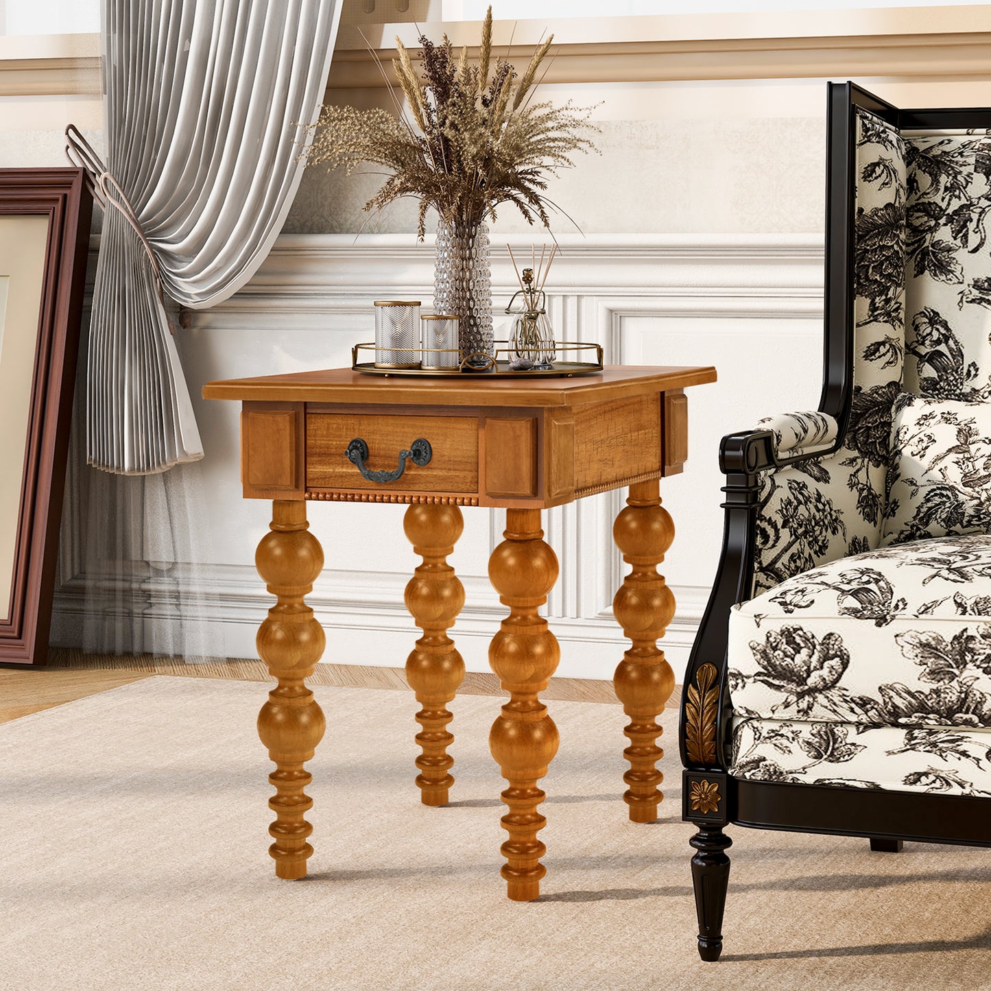 Solid Wood End Table with Drawer, 18x24x23 in, Narrow Living Room Side Table, Easy Assembly, Natural