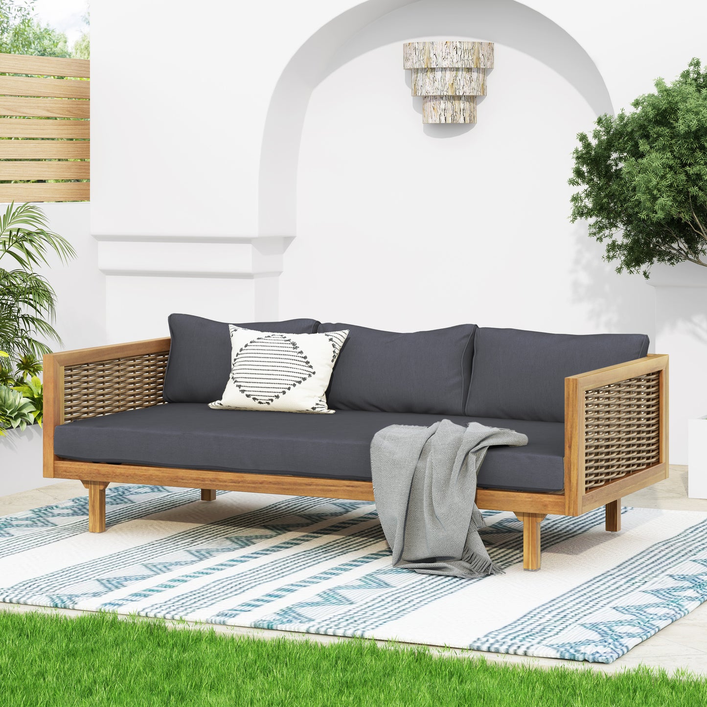 Three Seater Daybed With Rattan Arms, Acacia Wood Frame, Wicker Accents, 67.5 Inch Outdoor Furniture, Dark Gray
