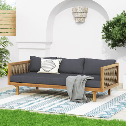 Three Seater Daybed With Rattan Arms, Acacia Wood Frame, Wicker Accents, 67.5 Inch Outdoor Furniture, Dark Gray