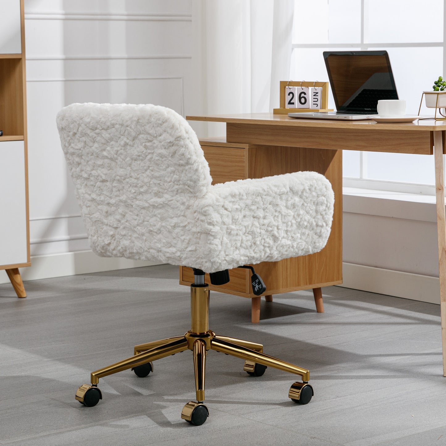 Elegant Beige Velvet Office Chair with Golden Base and Adjustable Recline, Swivel Desk & Vanity Chair