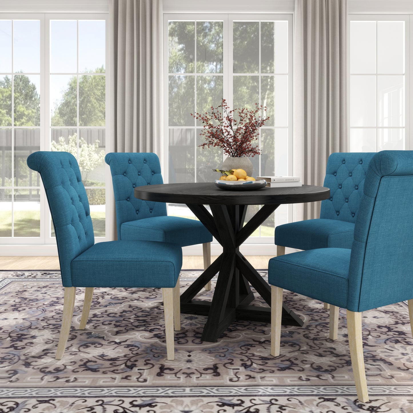 Five Piece Cross Buck Round Table With Tufted Chairs Blue