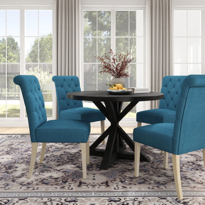 Five Piece Cross Buck Round Table With Tufted Chairs Blue