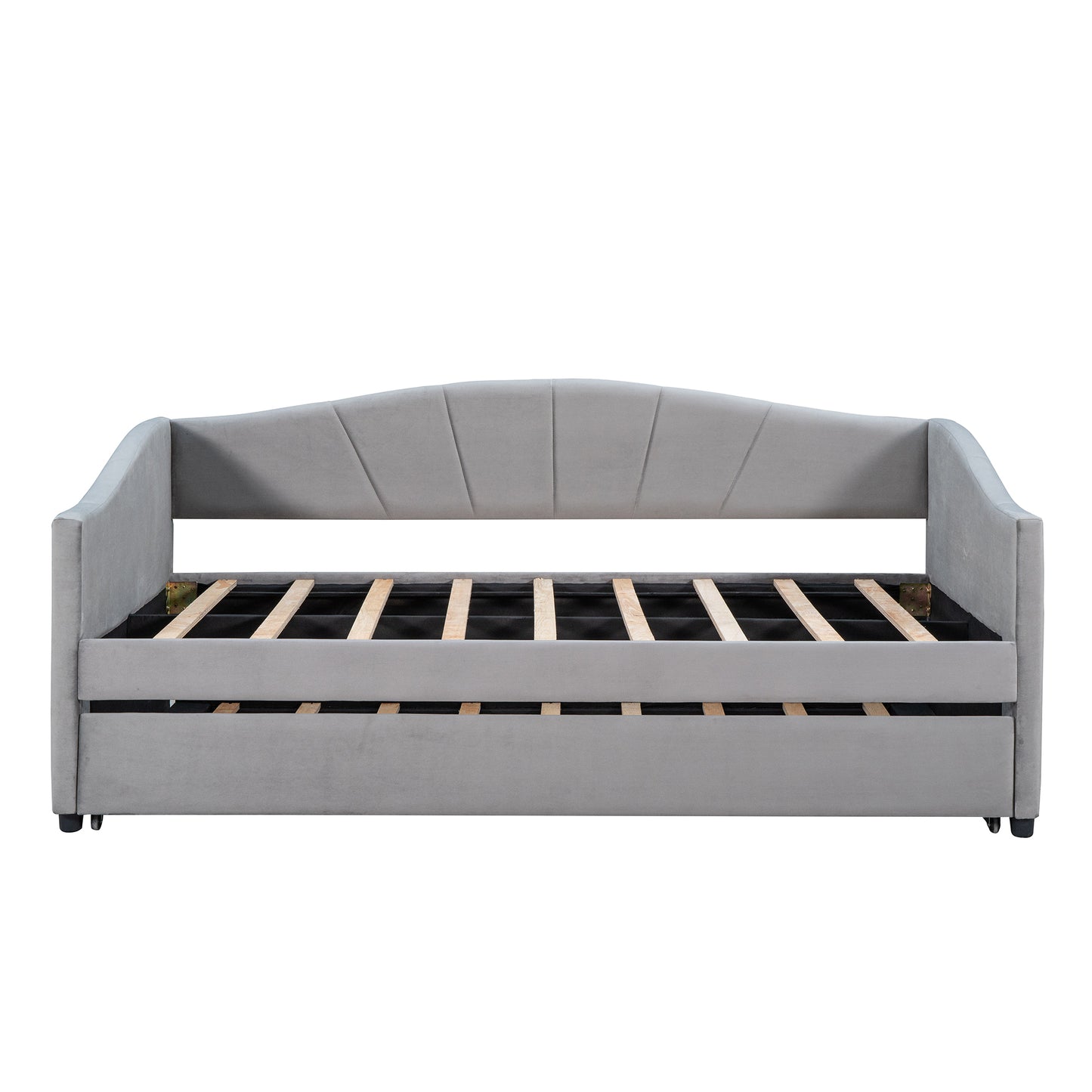Elegant Gray Upholstered Twin Daybed Sofa with Trundle and Wooden Slats